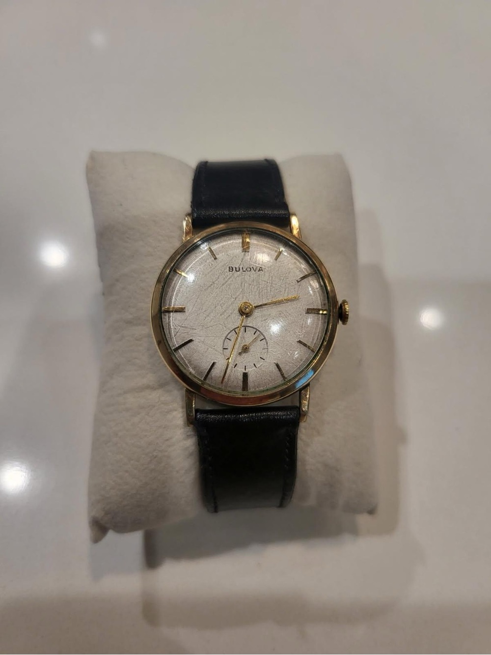 1956 Vintage Bulova Gold Case Watch with White Dial and Black Strap